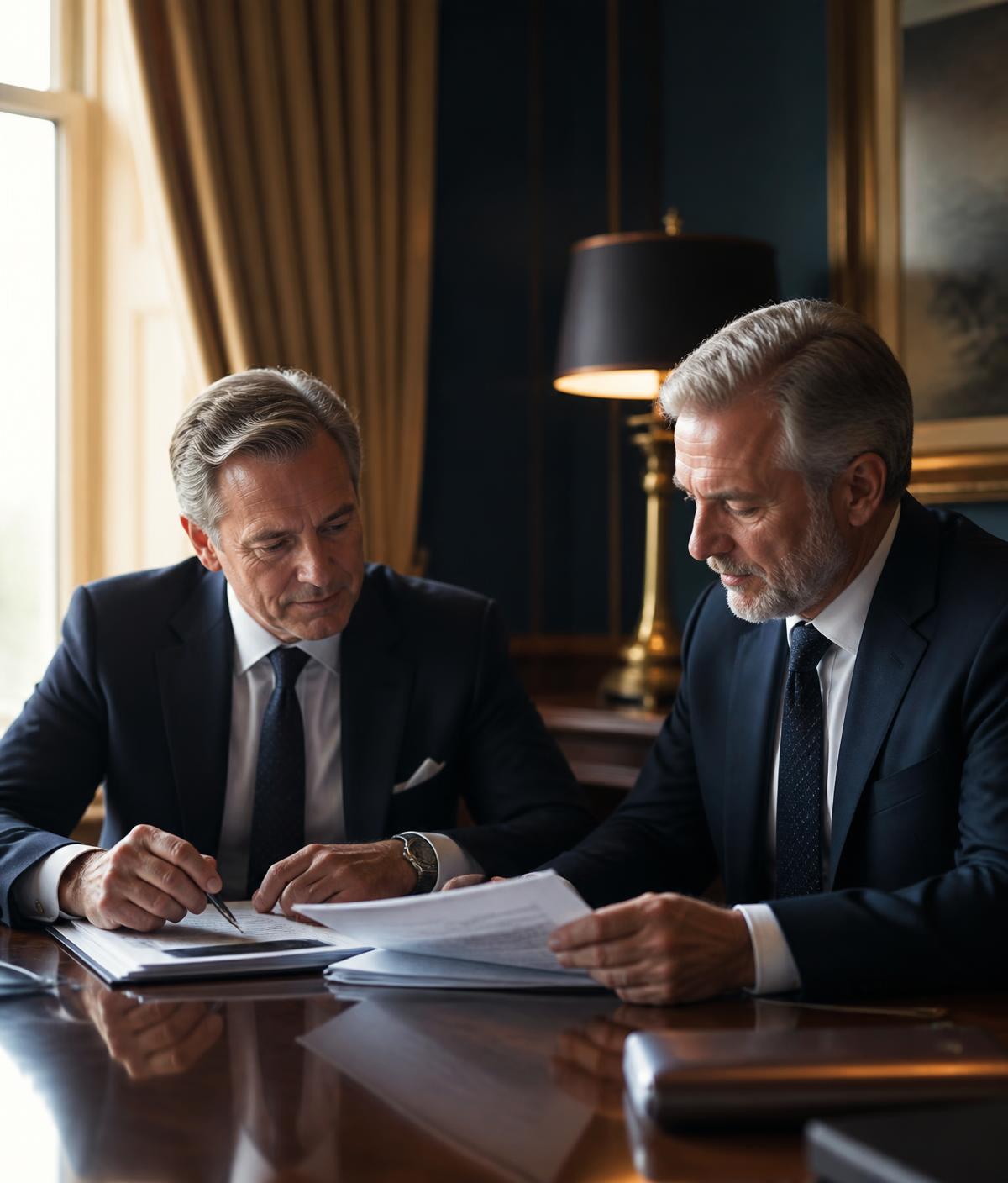 Two senior advisers reviewing a client pension portfolio